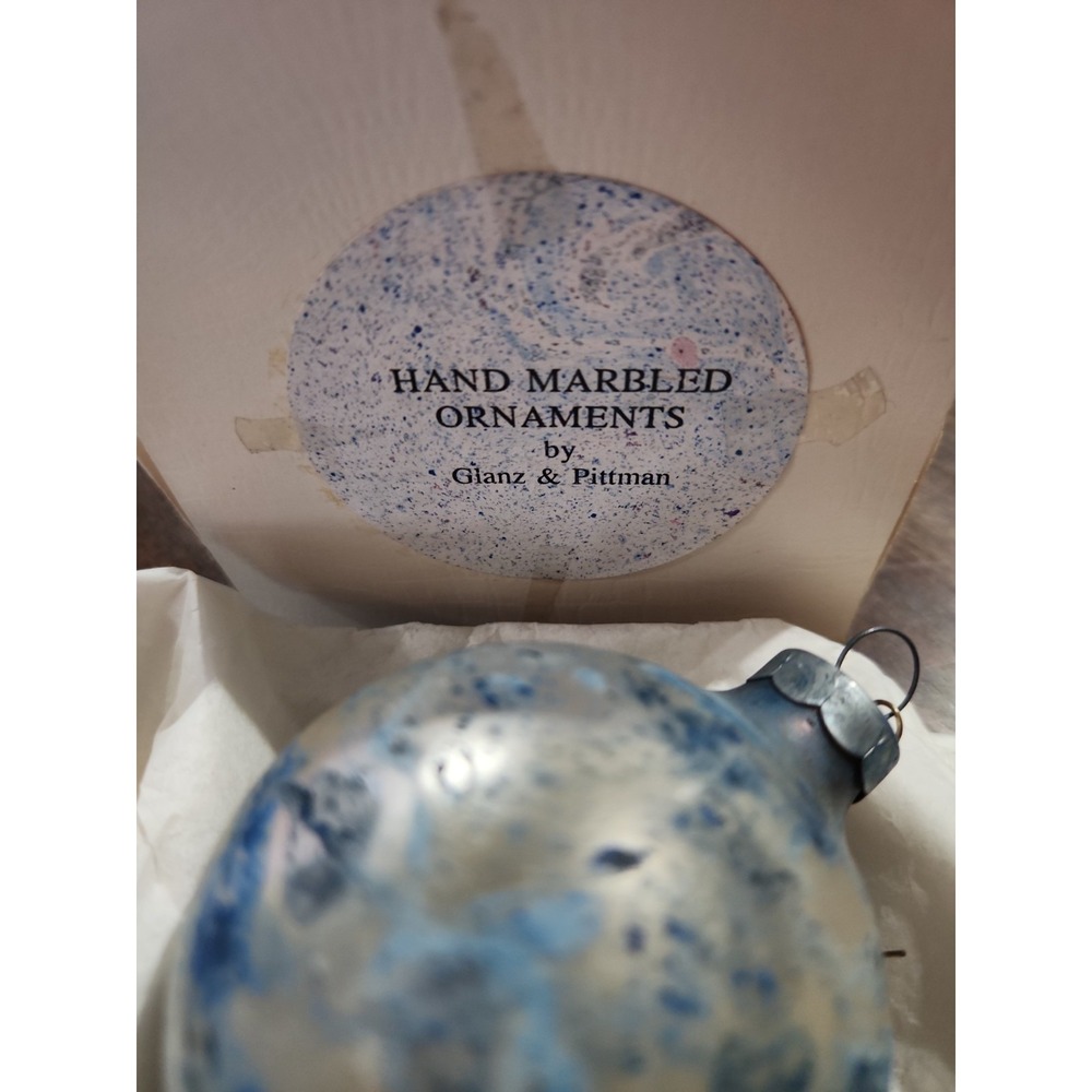 Glanz & Pittman Hand Marbled Glass Christmas Ornament Blue White Silver Bauble